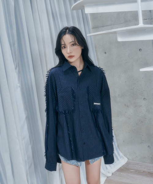 ブラウス シャツ UNISEX フリンジストライプシャツ レディース