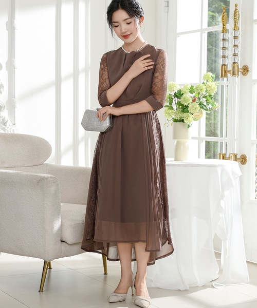 Lace Ladies ドレス レース ドッキング サイド プリーツ