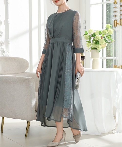 Lace Ladies ドレス レース ドッキング サイド プリーツ