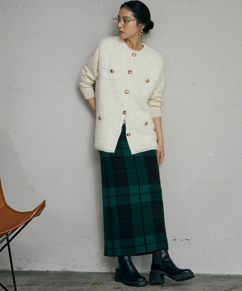 ニット ロングスカート ELFRANK スカート 「新色追加」チェック ニット ナロースカート ニット