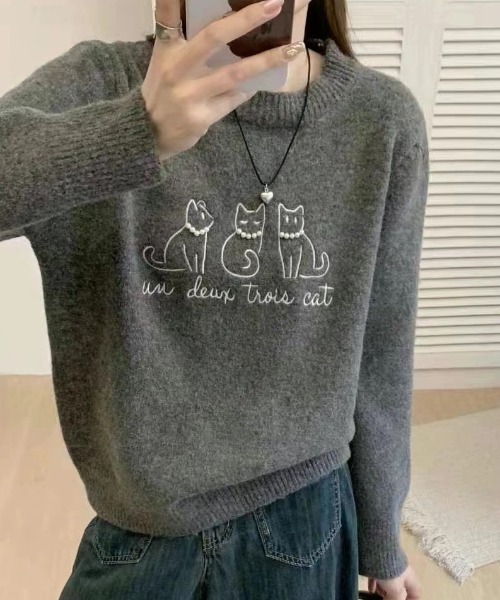 LACーVERT ニット セーター パール付きネコ刺繍ニット レディース