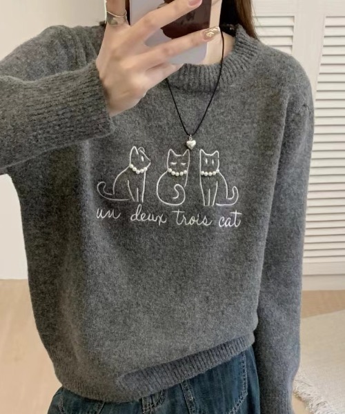 LACーVERT ニット セーター パール付きネコ刺繍ニット レディース