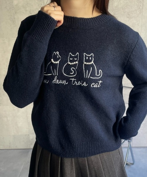 LACーVERT ニット セーター パール付きネコ刺繍ニット レディース