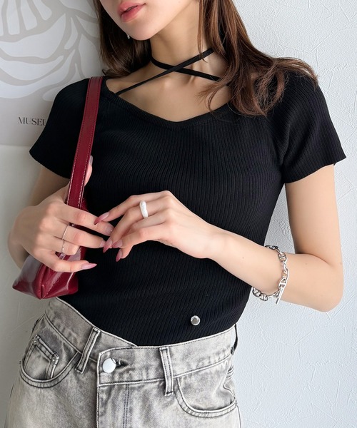 tシャツ 「mily bilet」お洒落この夏さらっと着れる♪チョーカーリボン紐付きサマーニットトップス(半袖) レディース | mily bilet | 02
