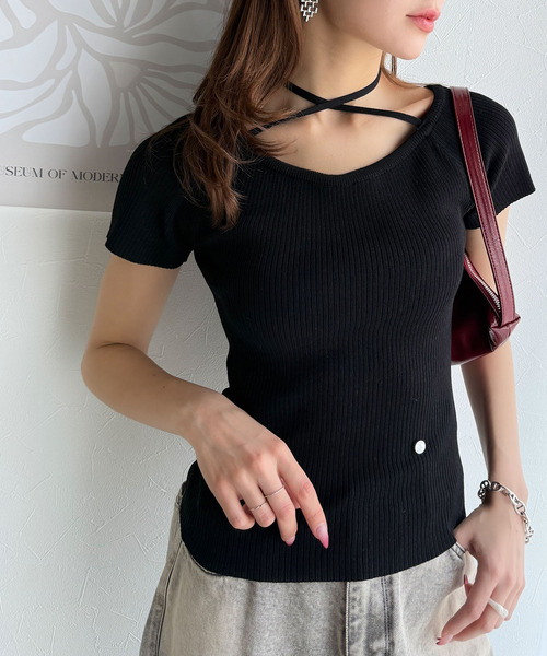 tシャツ 「mily bilet」お洒落この夏さらっと着れる♪チョーカーリボン紐付きサマーニットトップス(半袖) レディース | mily bilet | 20