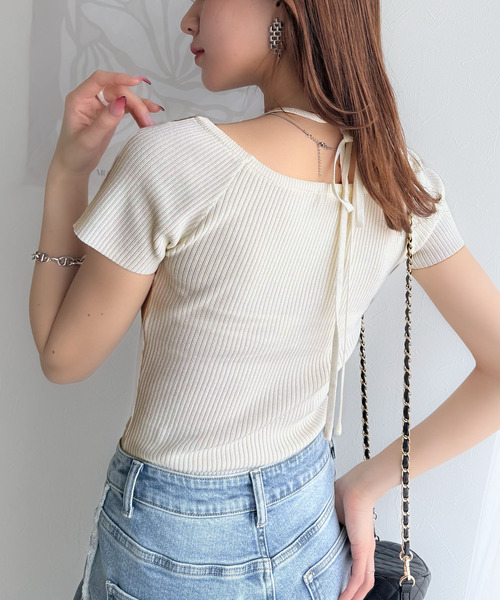 tシャツ 「mily bilet」お洒落この夏さらっと着れる♪チョーカーリボン紐付きサマーニットトップス(半袖) レディース | mily bilet | 14