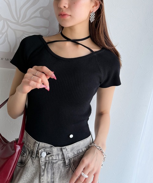 tシャツ 「mily bilet」お洒落この夏さらっと着れる♪チョーカーリボン紐付きサマーニットトップス(半袖) レディース | mily bilet | 19