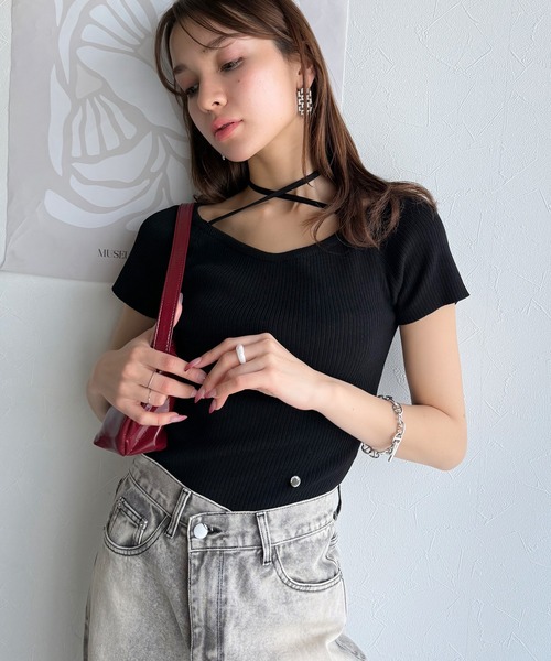 tシャツ 「mily bilet」お洒落この夏さらっと着れる♪チョーカーリボン紐付きサマーニットトップス(半袖) レディース | mily bilet | 21