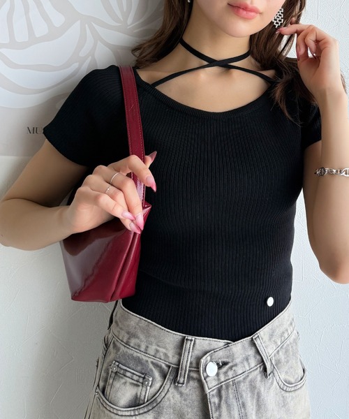 tシャツ 「mily bilet」お洒落この夏さらっと着れる♪チョーカーリボン紐付きサマーニットトップス(半袖) レディース | mily bilet | 18