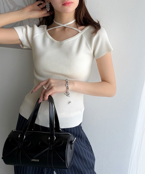 tシャツ 「mily bilet」お洒落この夏さらっと着れる♪チョーカーリボン紐付きサマーニットトップス(半袖) レディース | mily bilet | 07