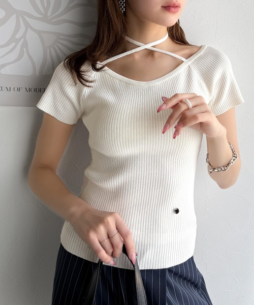 tシャツ 「mily bilet」お洒落この夏さらっと着れる♪チョーカーリボン紐付きサマーニットトップス(半袖) レディース | mily bilet | 06
