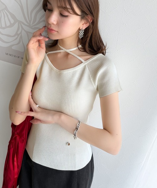 tシャツ 「mily bilet」お洒落この夏さらっと着れる♪チョーカーリボン紐付きサマーニットトップス(半袖) レディース | mily bilet | 17