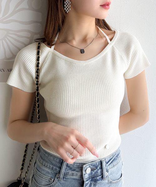 tシャツ 「mily bilet」お洒落この夏さらっと着れる♪チョーカーリボン紐付きサマーニットトップス(半袖) レディース | mily bilet | 09