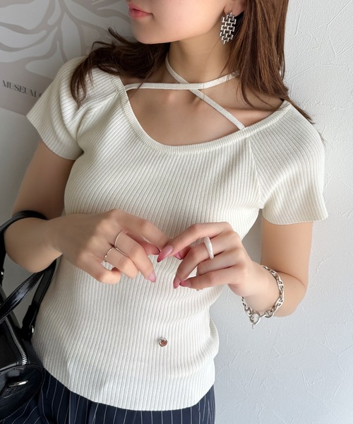 tシャツ 「mily bilet」お洒落この夏さらっと着れる♪チョーカーリボン紐付きサマーニットトップス(半袖) レディース | mily bilet | 05