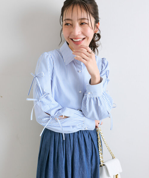 la boutique bonbon/ストライプフリルブラウス/長袖シャツ/FREE/コットン/BLU La boutique Bonbon ブラウス シャツ 「愛されシャツ