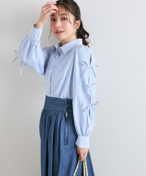 bow.a◆長袖ブラウス/FREE/ポリエステル/BLU/ストライプ La boutique Bonbon ブラウス シャツ 「愛されシャツ