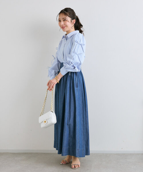 la boutique bonbon/ストライプフリルブラウス/長袖シャツ/FREE/コットン/BLU La boutique Bonbon ブラウス シャツ 「愛されシャツ