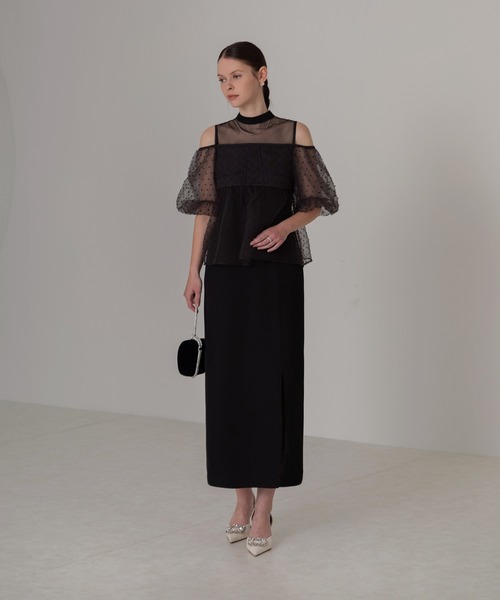 【美品】Leja ワンピース　パーティードレス　レース　結婚式ドレス セール】【LEJA】パールビジューオーガンジーレースパフスリーブ