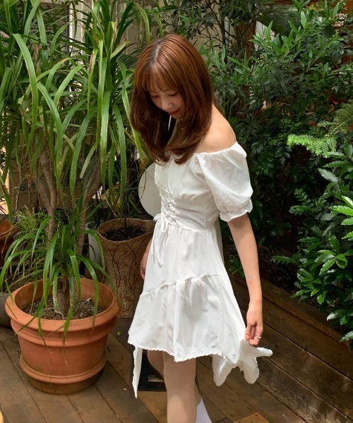 Mejoul ワンピース 半袖 アシメデザインパフスリーブワンピース
