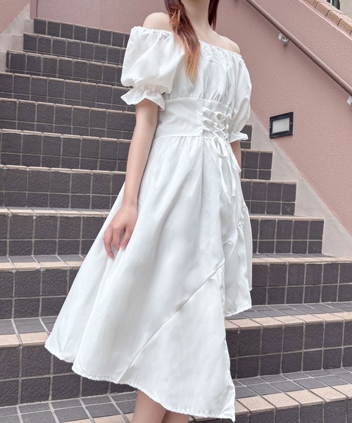 Mejoul ワンピース 半袖 アシメデザインパフスリーブワンピース