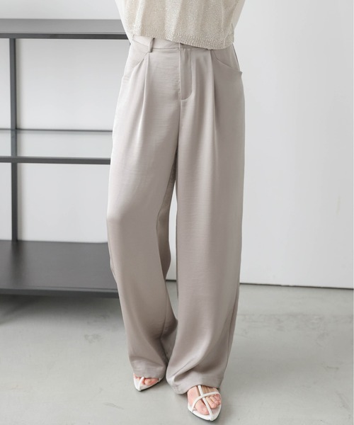 スラックス パンツ タックサテン ワイドパンツ レディース : ZOZOTOWN