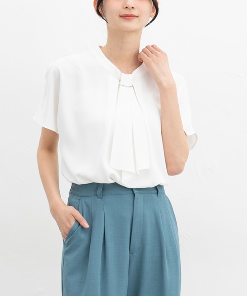 ブラウス シャツ ボウタイ フレンチ パフスリーブ ブラウス レディース Honeys ブラウス シャツ フレンチボウタイブラウス レディース