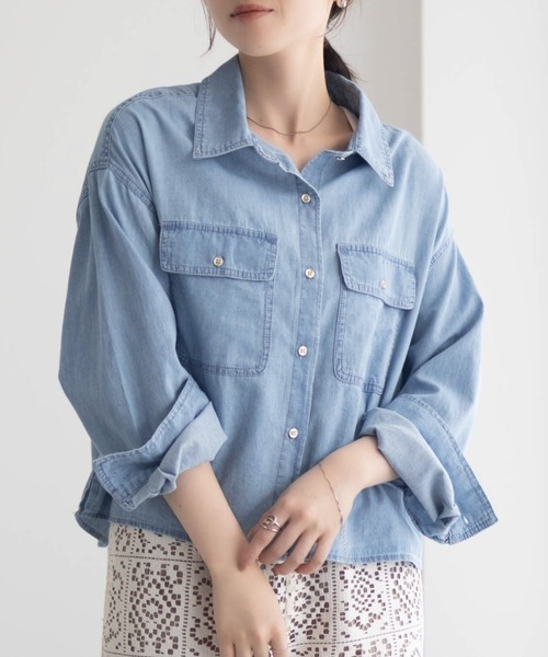 シャツ+ブラウス(長袖+七分) RUMCHE volume sleeve blouse blue ブライトツイルアシメボウブラウス （シャツ・ブラウス）｜allureville