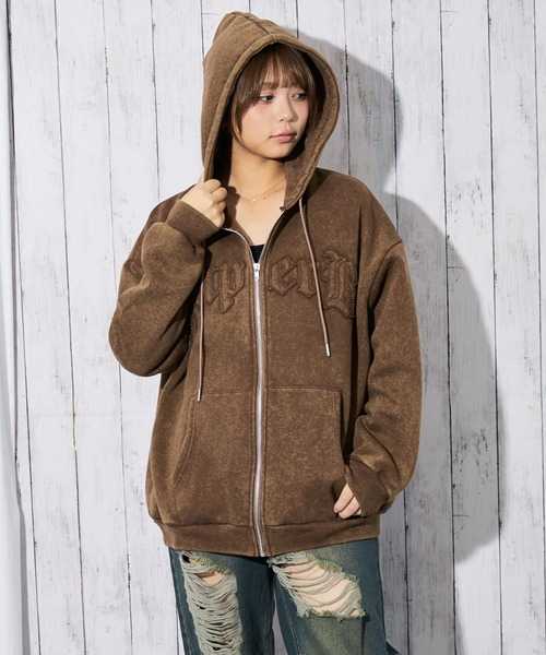 パーカー 「ケミカルウォッシュ×立体ロゴ」レディース 裏起毛 ジップ