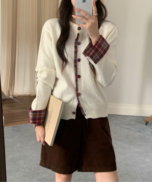 チェックレイヤード　カーディガン LUCPY カーディガン レイヤード風チェックシャツカーディガン