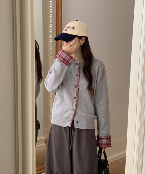 LUCPY カーディガン レイヤード風チェックシャツカーディガン