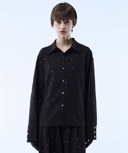 キラキララインストーンシャツ シャツ Rhinestone detail short shirt / ラインストーンディティール