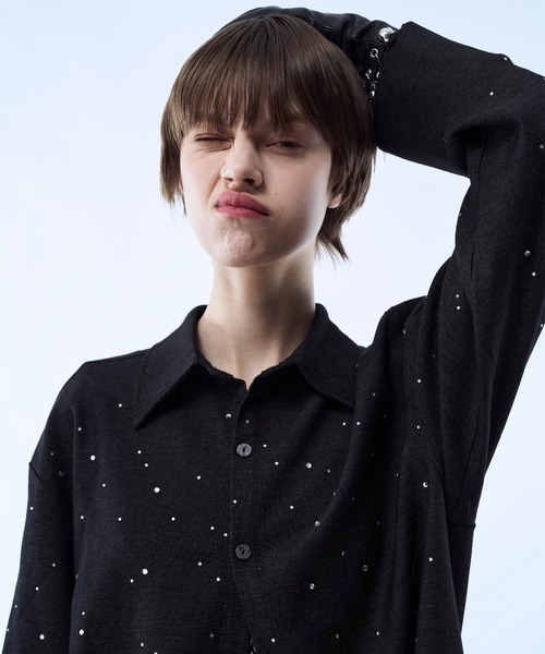 シャツ Rhinestone detail short shirt / ラインストーンディティール