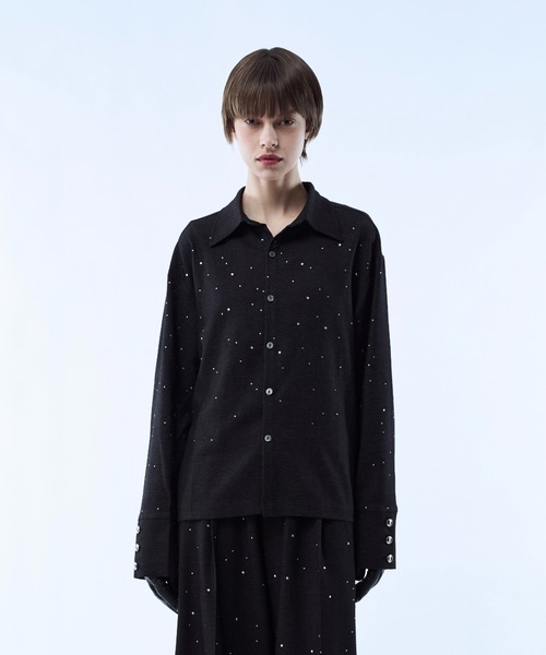 キラキララインストーンシャツ シャツ Rhinestone detail short shirt / ラインストーンディティール