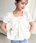 ブラウス シャツ 夏 半袖 ビッグリボンバルー...の詳細画像1