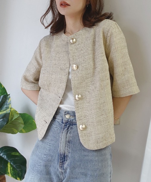 美品金ボタンサマーツイードジャケット CORNERS（コーナーズ） ジャケット ノーカラージャケット サマー
