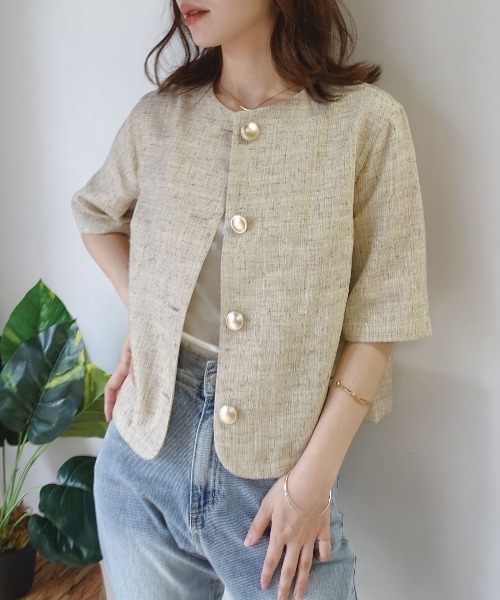 美品金ボタンサマーツイードジャケット CORNERS（コーナーズ） ジャケット ノーカラージャケット サマー