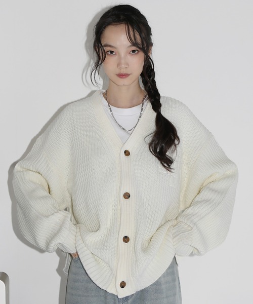 カーディガン サガラ刺繍ワッペン畦編み ルーズシルエットカーディガン