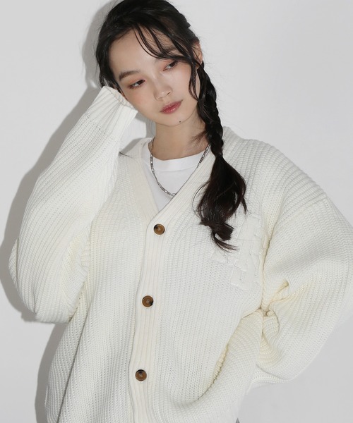 カーディガン サガラ刺繍ワッペン畦編み ルーズシルエットカーディガン