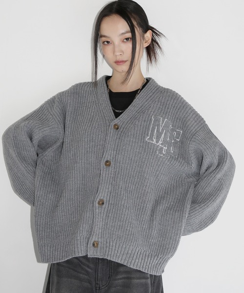 ロッサ　刺繍デザイン 長袖カーディガン グレー AMBIDEX Store △数字刺繍 Vカーディガン(F グレー): l'atelier
