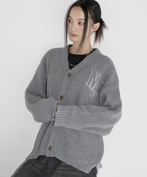 SNIDEL Vネック ジップアップ ニット カーディガン ルーズシルエット カーディガン サガラ刺繍ワッペン畦編み ルーズシルエット