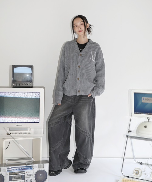 GCTオンスコットンジャージルーズフィット 刺繍ワッペンカーディガンブラックL セール】【United Athle】cotton jersey loose fit cardigan