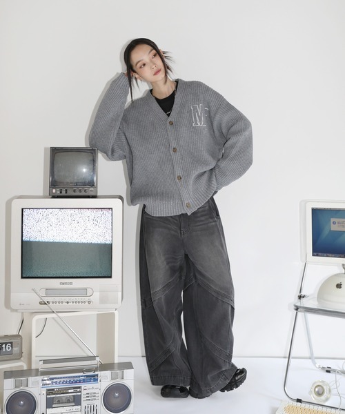 GCTオンスコットンジャージルーズフィット 刺繍ワッペンカーディガンブラックL セール】【United Athle】cotton jersey loose fit cardigan