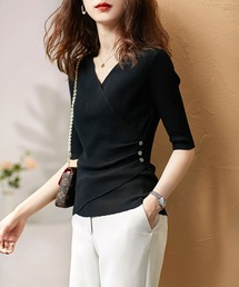 Tシャツ Vネック 薄手ニット center mesh design tops ニット セーター フロントクロス Vネックニットトップス