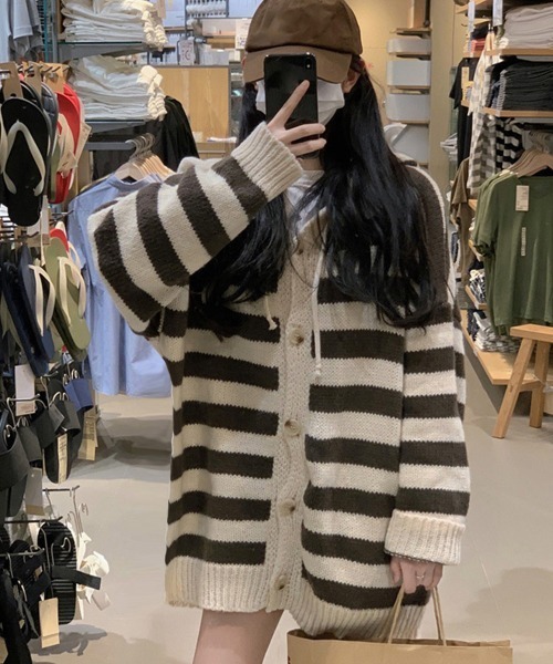 韓国 カーディガン 羽織 ニット ゆったり ボーダー miniministore カーディガン ボーダー柄ニットカーディガン 韓国