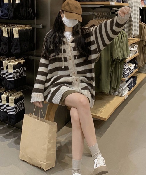 miniministore カーディガン ボーダー柄ニットカーディガン 韓国