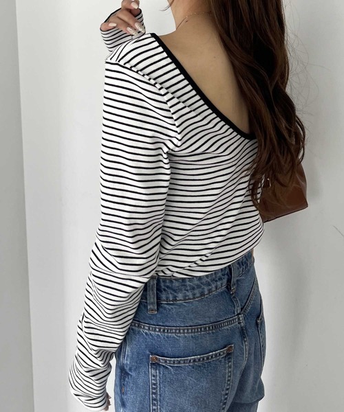 nelliy. tシャツ バックオープンリブトップス レディース