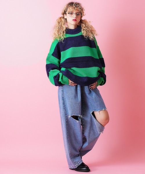 セーター ニット a.p.o.v. 3Dパイルボアボーダーモックネックニット