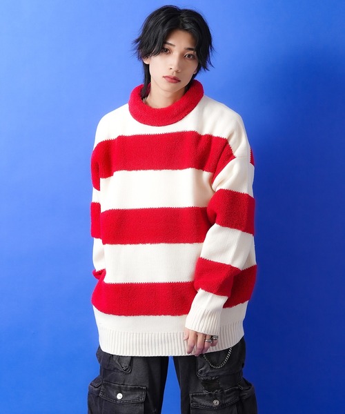 セーター ニット a.p.o.v. 3Dパイルボアボーダーモックネックニット