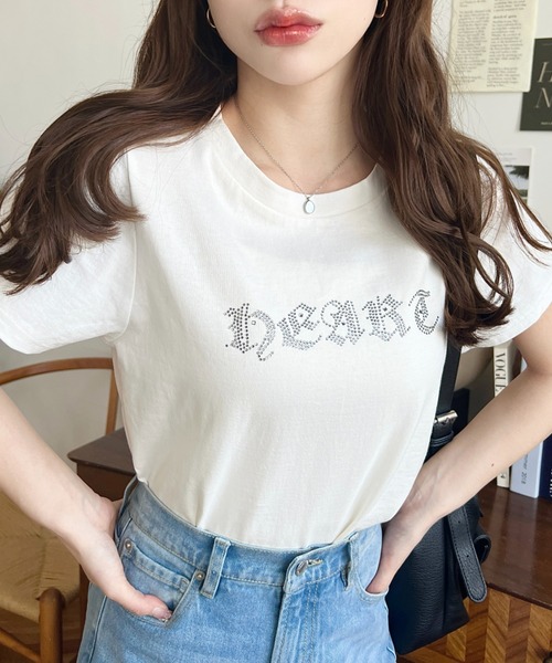 moment+ tシャツ 半袖 ラインストーンロゴ半袖Tシャツ レディース