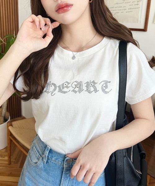moment+ tシャツ 半袖 ラインストーンロゴ半袖Tシャツ レディース